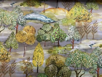 FRANK THOMAS INTERIORS Samtstoff Waldbaum Digitaldruck grau grün Vorhang Blind Polsterung