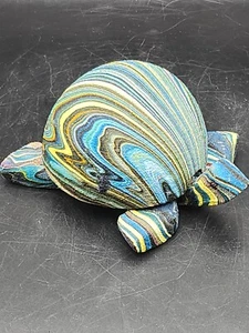 Hand Painted Palm Wood and Coconut Shell Blue Stripes Turtle Trinket Box - Picture 1 of 9