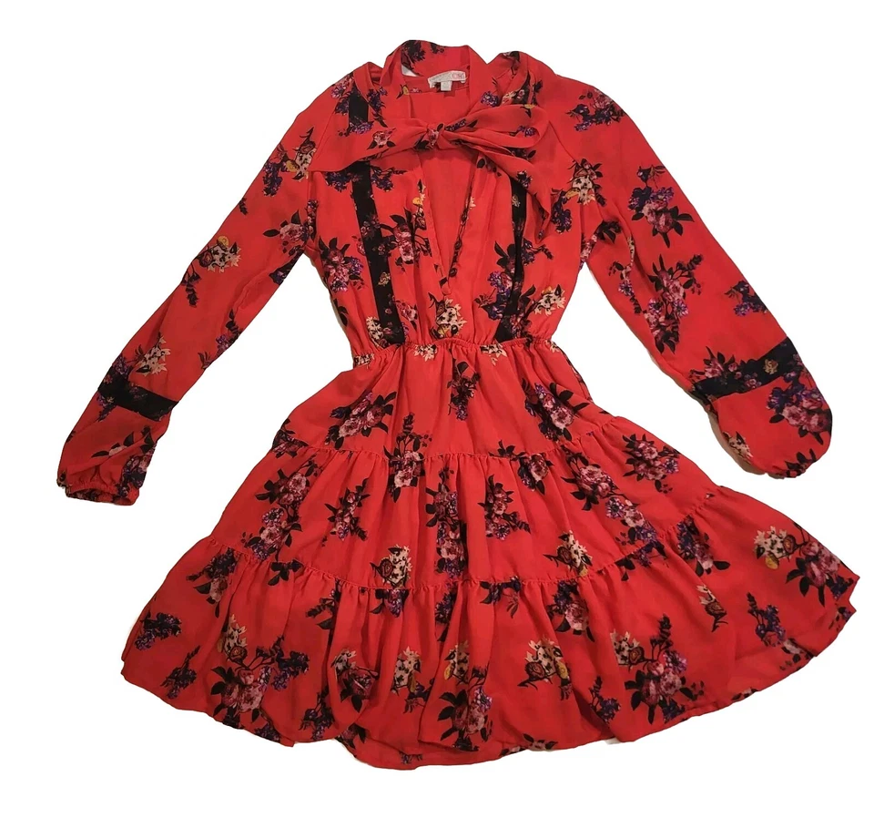Gianni Bini Tiered Mini Dress Red Size XS Floral Ruffle Button Tie Feminine  - Image 1 of 4
