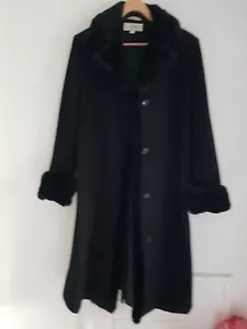 Albert Nipon Black Wool Long Coat, Size UK 10 Faux Fur Collar & Cuffs - Picture 1 of 10