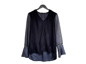 Tahari Velvet Body Sheer Dotted Sleeves Flare Chain Detail V Neck Blouse FLAWS M - Picture 1 of 11