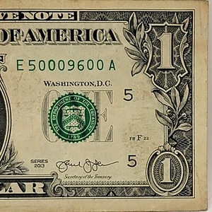 Billete de un dólar número de serie elegante de cinco de una clase 0 E50009600A pares de viaje 0s - Imagen 1 de 8