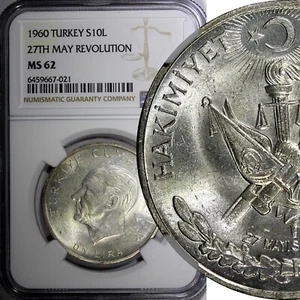 Turkey Silver 1960 10 Lira 27th May Revolution NGC MS62 KM# 894 (021) - Picture 1 of 4