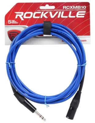 Rockville RCXMB10BL 10' Male REAN XLR to 1/4'' TRS Cable Blue 100% Copper - Image 1 of 2