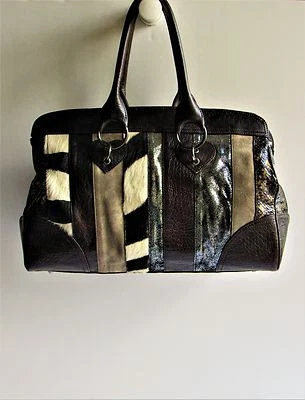 BEVERLY FELDMAN $358 Ox Blood Croc Leather Silver Metallic Calf Hair Satchel  - Image 1 of 4