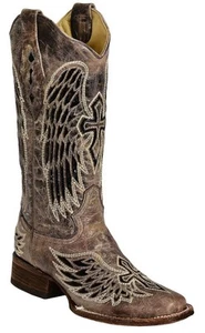 Bota de Vaquero CORRAL Para Mujer Western Lentejuelas Ala Incrustación Cruzada Puntera Cuadrada Marrón 6.5M - Imagen 1 de 22