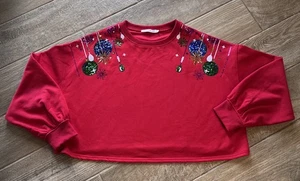 Altar'd State Cropped Red  Sweatshirt Christmas Sequins Ornaments Size Large - Picture 1 of 9