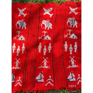 Handmade Red Cross Stitch Kids Afghan - Sailboats Soldiers Windmills Elephants - Picture 1 of 6