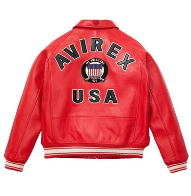 Men's Avirex Red USA Bomber Flight Racing Jacket Genuine Cowhide Leather Jacket - Image 1 of 4