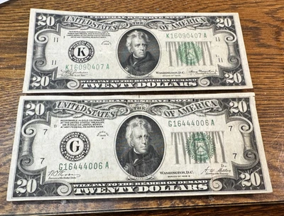 1928-B and 1934 $20 FRN's Nice Original Fine to VF CHRC - Image 1 of 2