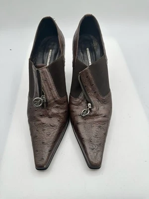 DONALD J PLINER Brown Ostrich Print Leather Pump Heel Women Sz 8M - Image 1 of 4