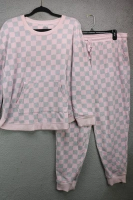 Cuddl Duds Gray/Pink Check Pajama Set-Large-Soft-Pockets-Drawstring-Cozy Chic - Image 1 of 4
