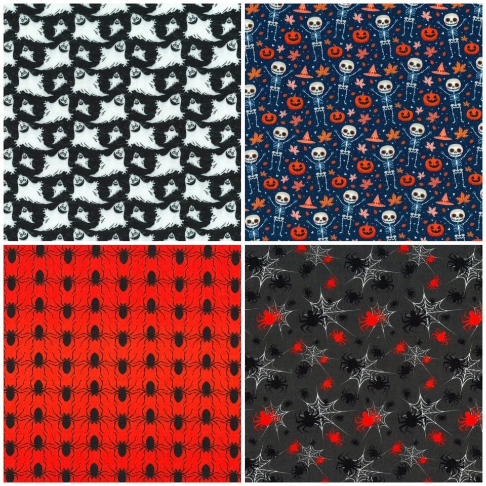 Halloween Fabric Polycotton Costume Decor Spooky Spiders Skeletons Web Ghosts