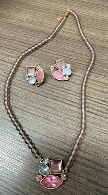 Y2K Vintage Brand 1928 Jewelry Necklace Earring Set Multi Stones & Beaded Gold  - Image 1 of 4
