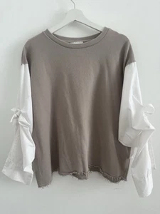 Top Zara manga larga color tostado/blanco mezcla de algodón talla grande L manga corbata - Imagen 1 de 7