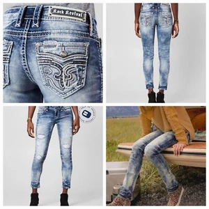 🤘NeW!!🥰 ROCK REVIVAL FERRY ACID WASH EMBROIDERED ANKLE SKINNY JEANS 31 - Picture 1 of 22