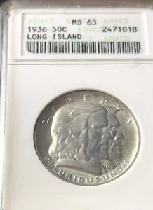 1936 US Mint 50c Long Island Tercentenary Silver Commemorative ANACS MS63! - Picture 1 of 3