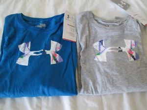 2 NEW L/S Girls UNDER ARMOUR BLUE w/ Big UA Logo+Gray w/ Ua LOGO YLG FREE SHIP - Picture 1 of 8