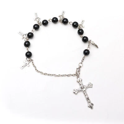 Rosenkranz Armband Schwarz Silberfarben mit Kreuz Perlenarmband Männer Frauen - Bild 1 von 4