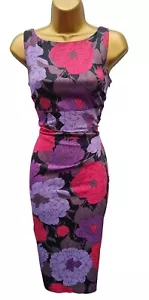Karen Millen 12 UK Vintage Satin Purple Red Black Floral Wiggle Cocktail Dress - Picture 1 of 6