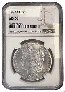 Dólar de plata 1884 CC MORGAN MS63 de NGC baja acuñación Carson City monedas raras 003 - Imagen 1 de 2