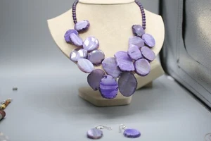 BARSE Purple Agate Geode Amethyst Quartz Slice Bead Necklace SET 925 Sterling O1 - Picture 1 of 6