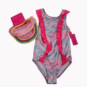 Betsey Johnson Girls UPF 40 Swimsuit Size 12 with Jelly Sun Visor NEW retail $46 - Picture 1 of 8