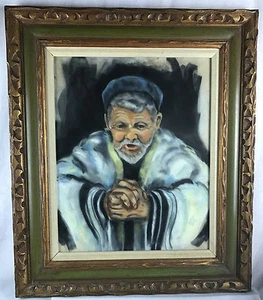 Gebetvoller jüdischer Rabbi Mid-Century (1960-1970) Original Gemälde von Aaron Leib - Bild 1 von 12