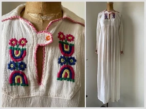 Vintage 1960’s ‘70s Gauze Maxi Dress Embroidered Rainbows & Flowers Hippie XS/S - Picture 1 of 12