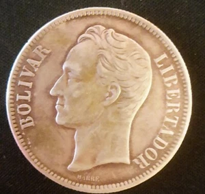 1889 5 BOLIVARES (FUERTE) SILVER VENEZUELA - Picture 1 of 2