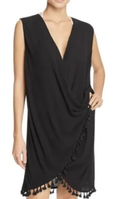 NWT Athena Bazaar Beauty Wrap Swim Dress Black Pom Pom Cover Up V-neck Size S - Image 1 of 4