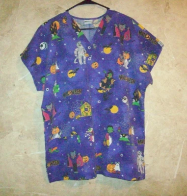 Simply Basic Halloween Scrub Top - Size Large - Purple Vampire Mummy Witch Ghost - Image 1 of 4