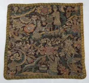 Antique French Woven Textile with Figural and Floral Motifs 72x72cm - Picture 1 of 12