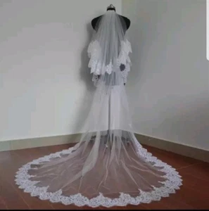 Velo de novia de 2 niveles 3M longitud catedral velo de boda lentejuelas borde de encaje con peine - Imagen 1 de 7