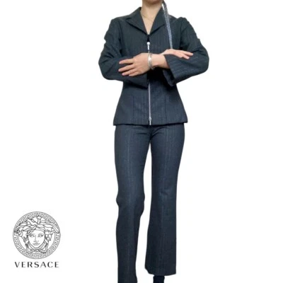 versace jeans couture 90s zippered gray pinstripe blazer jacket & pants 2 piece - Imagem 1 de 4