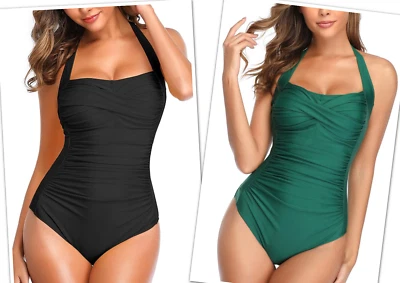 Badeanzug Damen Bauchweg Push Up Schwimmanzug mit Retro Schlankheits Raffung L S - Bild 1 von 3