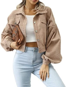 Women's Corduroy Lapel Collar Lantern Sleeve Button Down Crop Jacket Top Khaki M - Picture 1 of 8