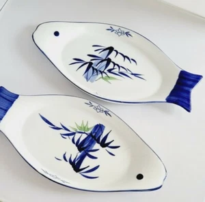 Asian Fish Shaped Porcelain Serving Plates Japanese Bamboo Blue Floral Set of 2 - Picture 1 of 12