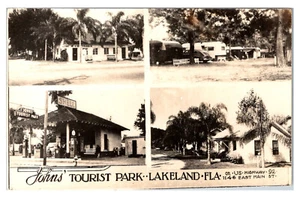 LAKELAND, FLORIDA - JOHN'S TOURIST PARK & GAS - MULTI-VIEW REAL PHOTO POSTCARD - Imagen 1 de 2