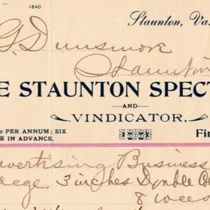 1902 Seltener Staunton Spectator und Vindicator Zeitung Billhead Briefkopf VA - Bild 1 von 3