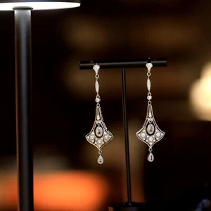 Ohrringe Lang Art Déco Clip On Silber Kerzenständer Cz Weiß Tropf SC1 - Bild 1 von 10