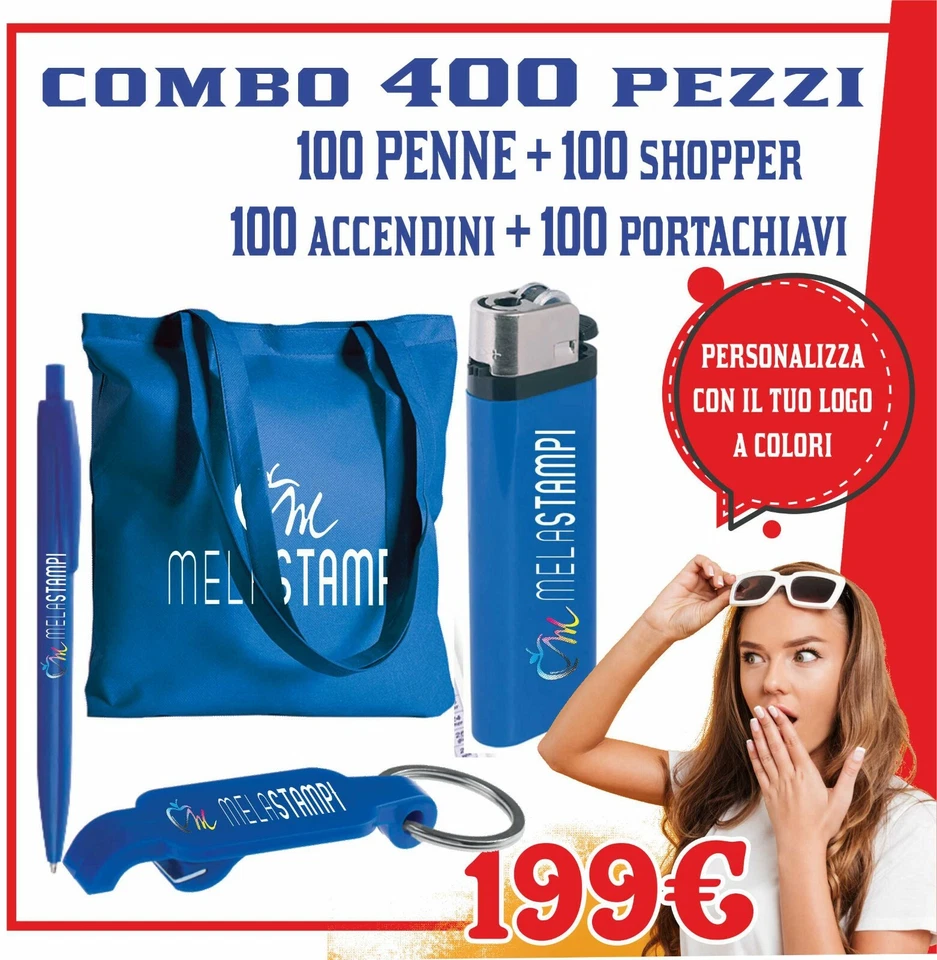 Penne accendini portachiavi shopper Personalizzate stampa colori gadget Combo6 - Immagine 1 di 1