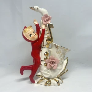 Christmas Figurine Red Pixie Elf with Saxophone Vintage 1950s Japan Floral Roses - Picture 1 of 15