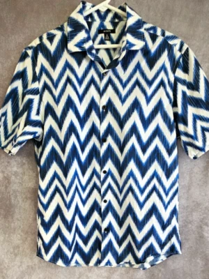 Мужская сине-белая рубашка Alfani с коротким рукавом на пуговицах гавайская средний размер - Изображение 1 из 3