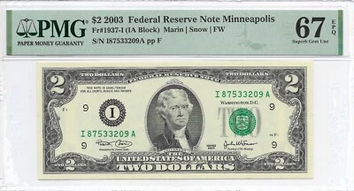 2003 $2 MINNEAPOLIS FRN. PMG Superb Gem Uncirculated 67 EPQ Banknote. - Image 1 of 2