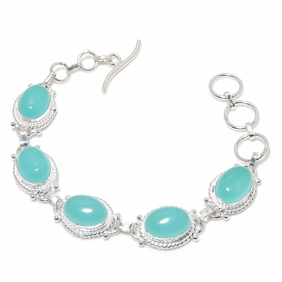 Aqua Chalcedony Gemstone Handmade 925 Sterling Silver Jewelry Bracelet Sz 7-8" - Image 1 of 1