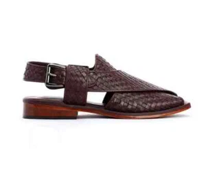 Herren Handgefertigte Leder Peshawari Chappal Sandalen für Männer Kariert Braun Leder - Bild 1 von 5