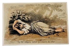 VICTORIAN MERCHANT'S TRADE CARD FOR CONQUEROR WRINGER, WILTON, NH 1890'S - Picture 1 of 3