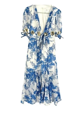 Vestido Alice McCall Mujer Pequeño Azul Blanco Floral Midi Todo MD Ojal Corbata Foto 1 de 4