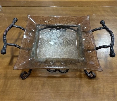 Rustic Wrought Iron Glass Serving Dish Tray Handles Tuscan Style Centerpiece - Image 1 of 4